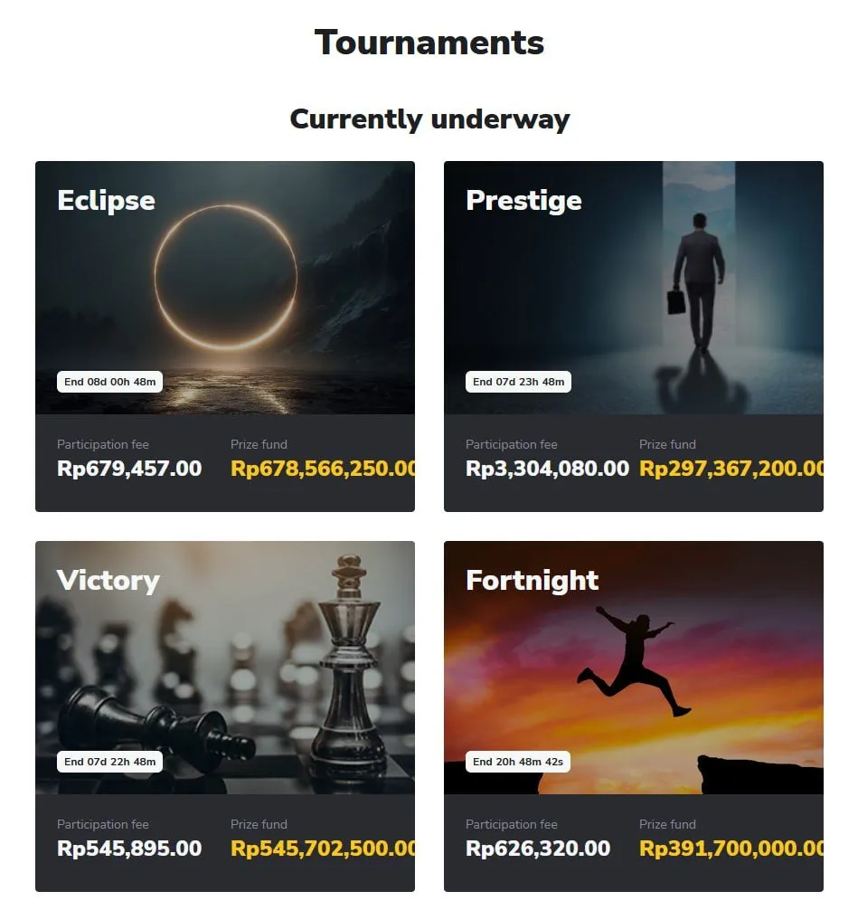 Halaman Tournaments resmi Binomo (Eclipse, Prestige, Victory, Fortnight, Daily Free)